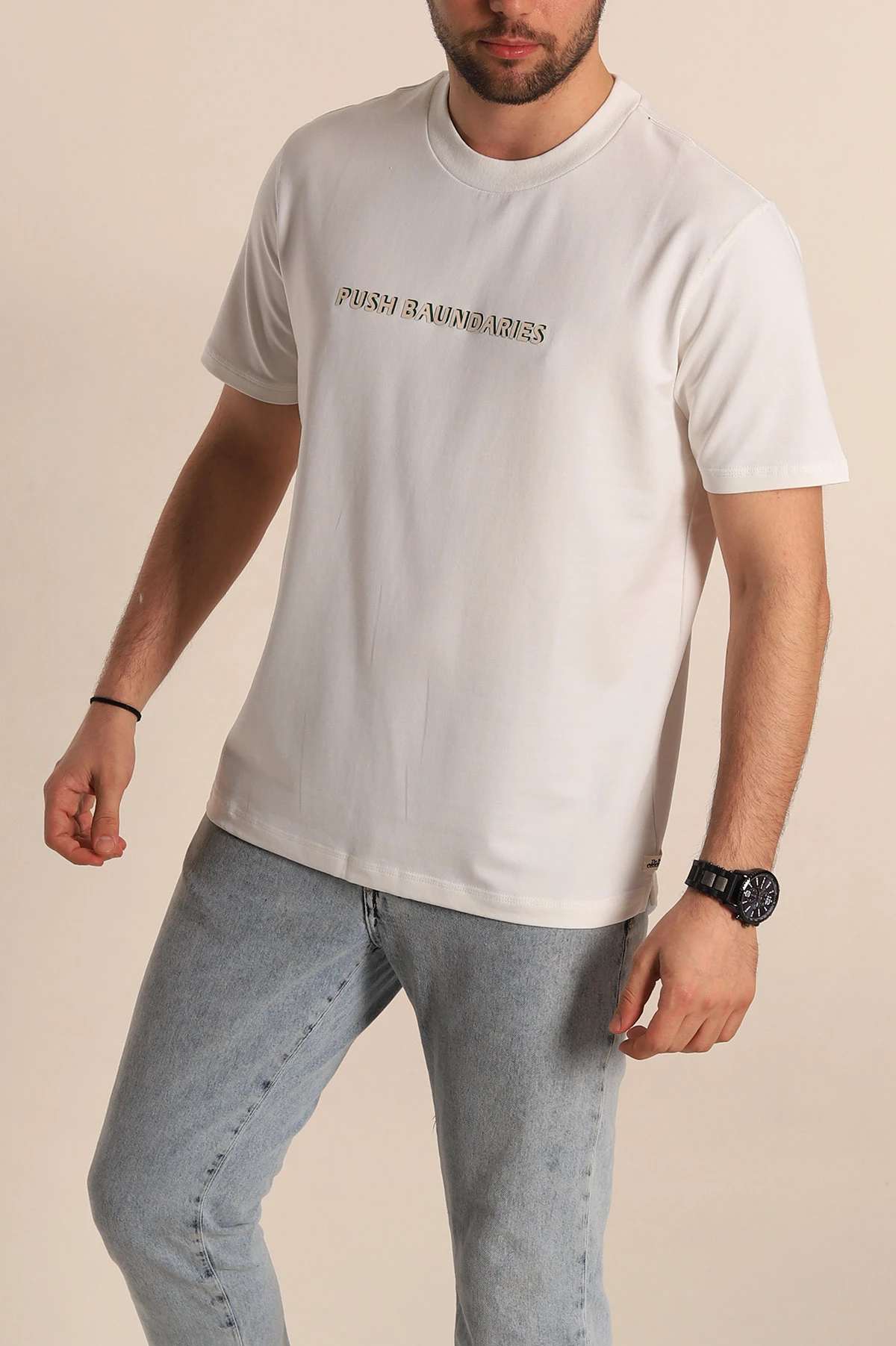 Beyaz Regular Fit Kabartma Yazılı Erkek Tişört 268127