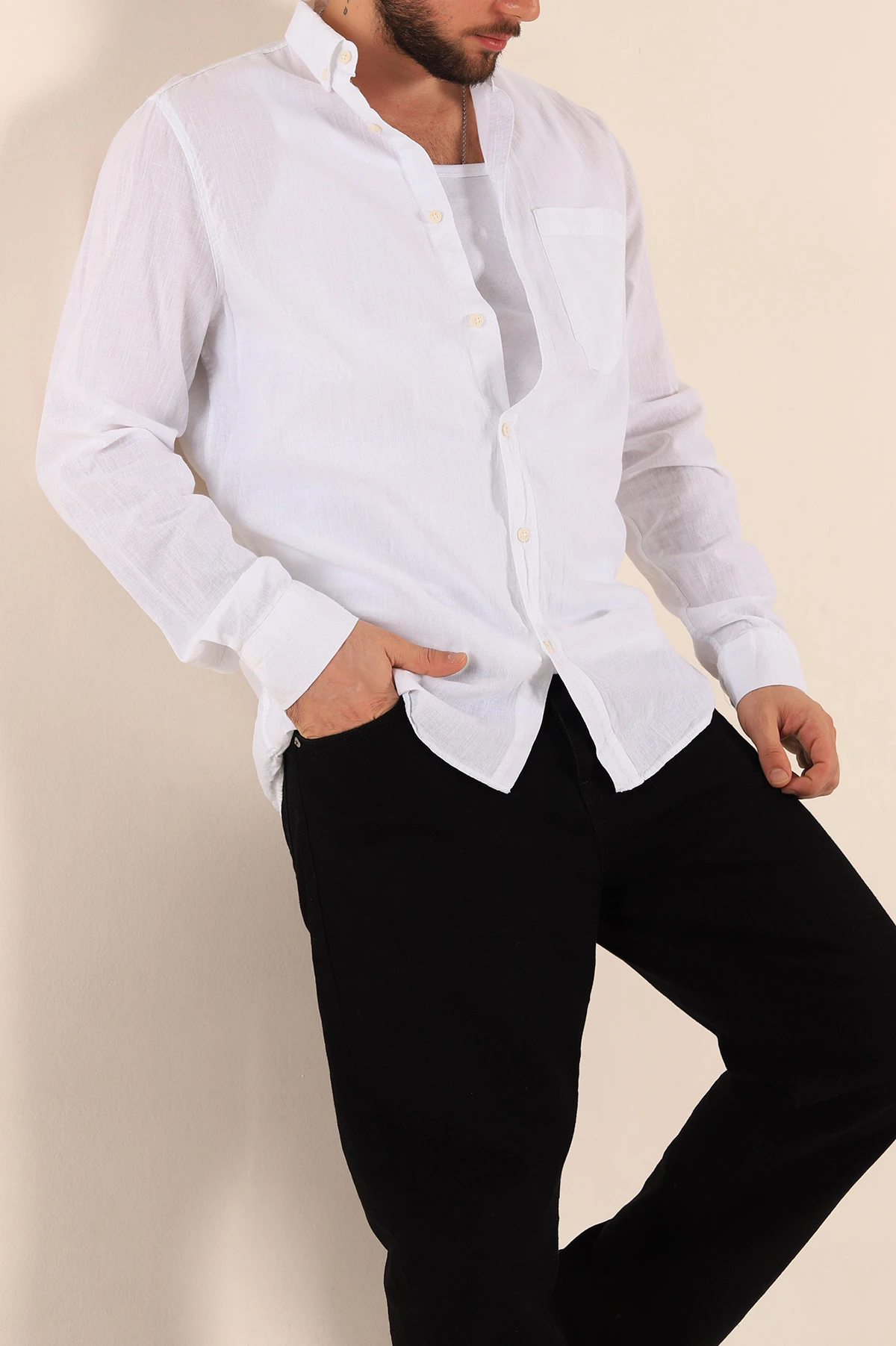 Beyaz Regular Fit Keten Tek Cep Detaylı Uzun Kollu Erkek Gömlek 244754