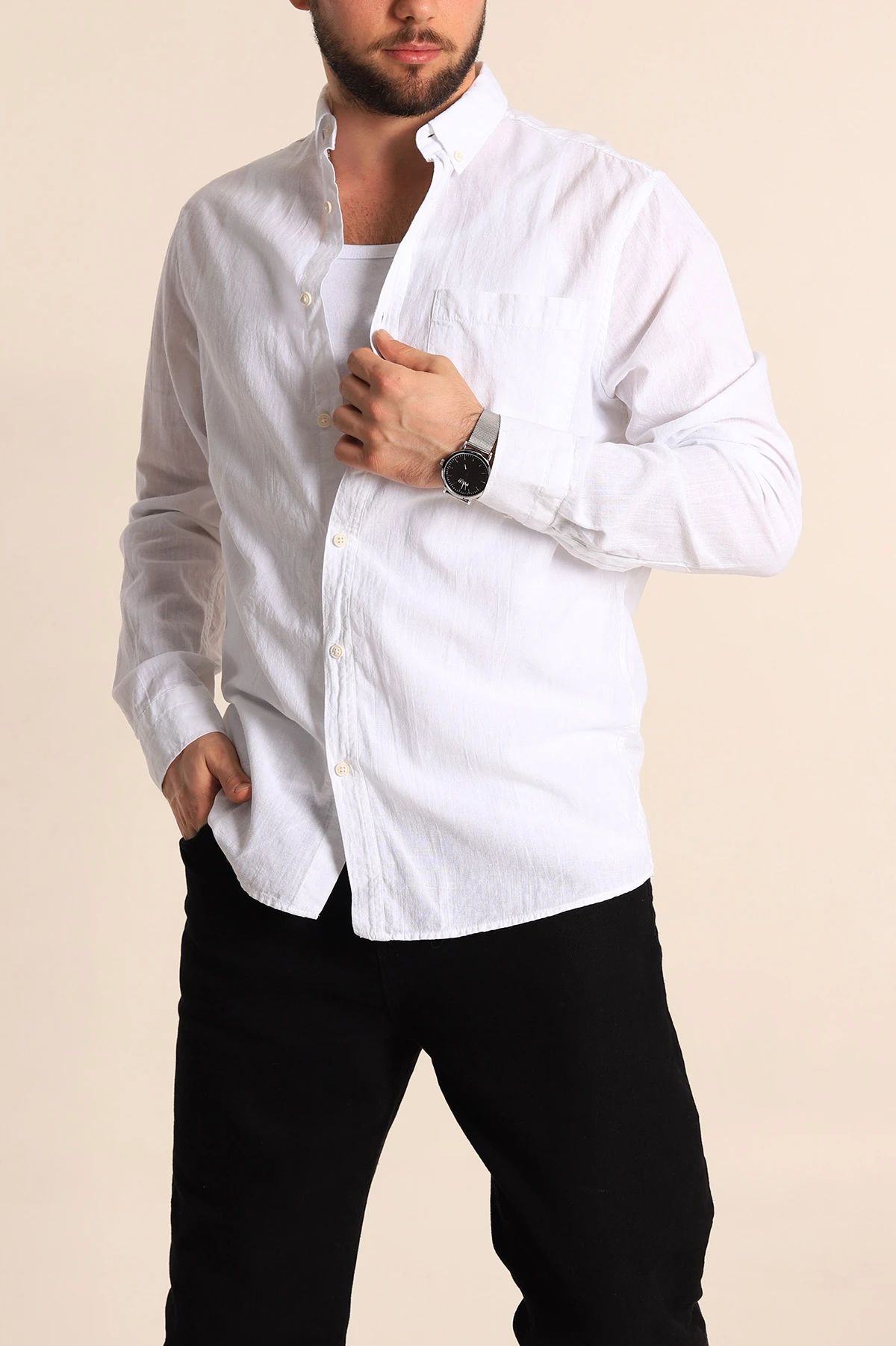 Beyaz Regular Fit Keten Tek Cep Detaylı Uzun Kollu Erkek Gömlek 244754