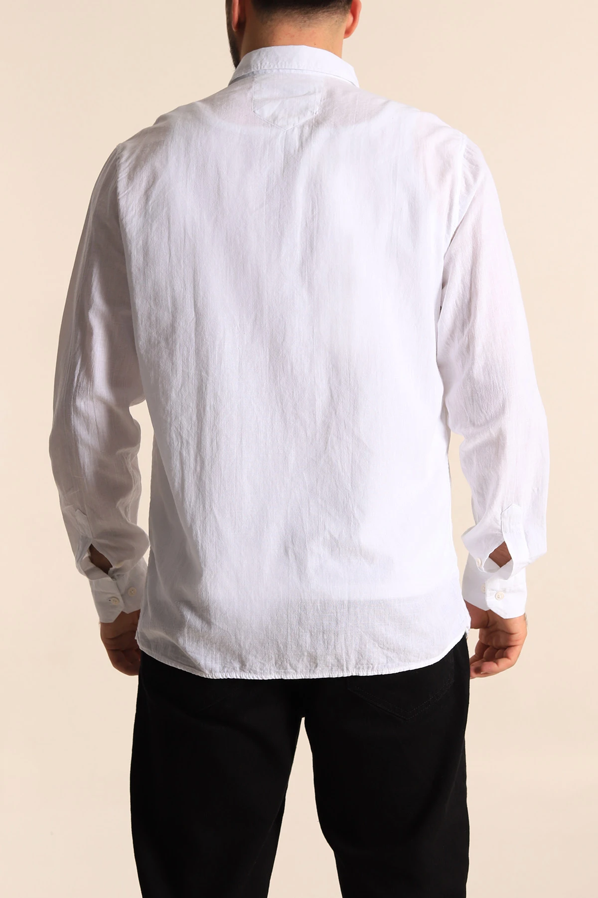 Beyaz Regular Fit Keten Tek Cep Detaylı Uzun Kollu Erkek Gömlek 244754