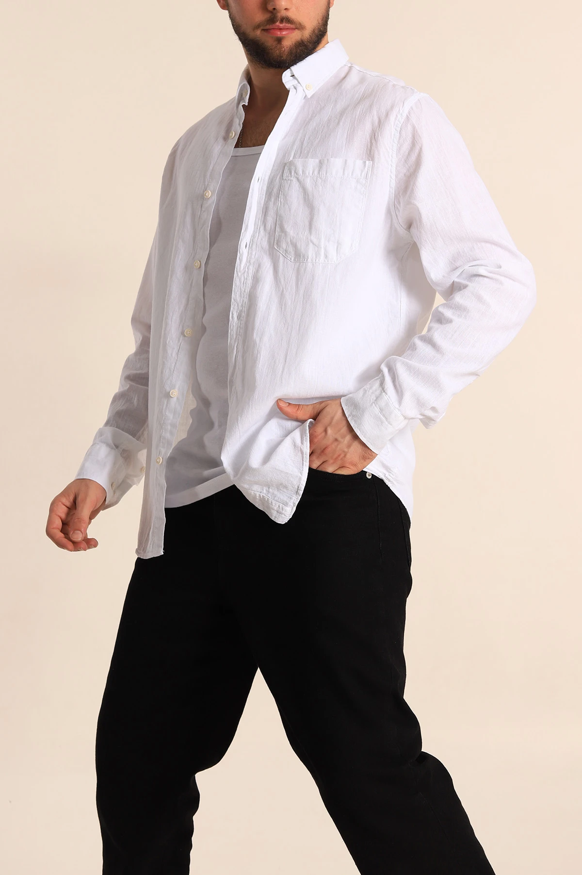 Beyaz Regular Fit Keten Tek Cep Detaylı Uzun Kollu Erkek Gömlek 244754