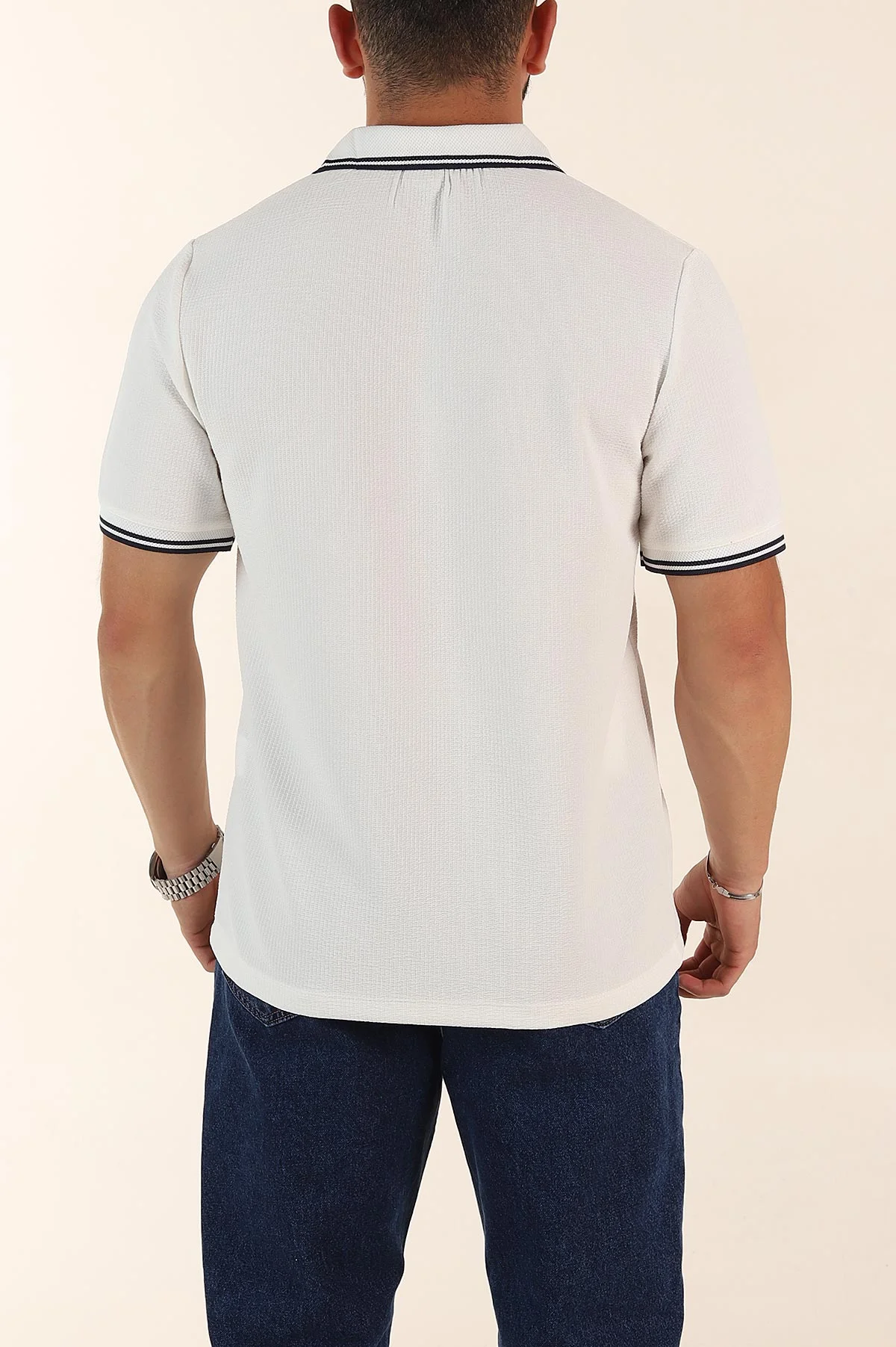 Beyaz Regular Fit Likralı Çizgili Polo Yaka Erkek Tişört 368735