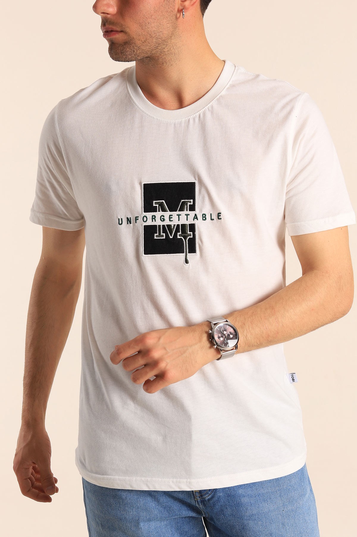 Beyaz Regular Fit Logo Detay Erkek Tişört 182205
