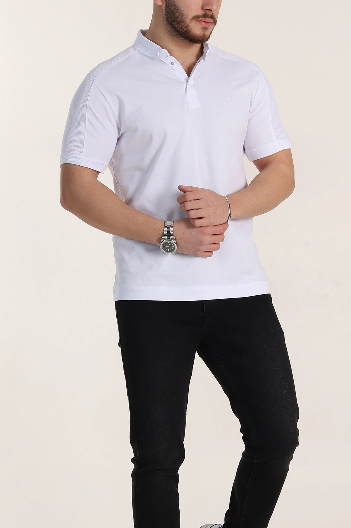 Beyaz Regular Fit Parçalı Polo Yaka Erkek Tişört 346732