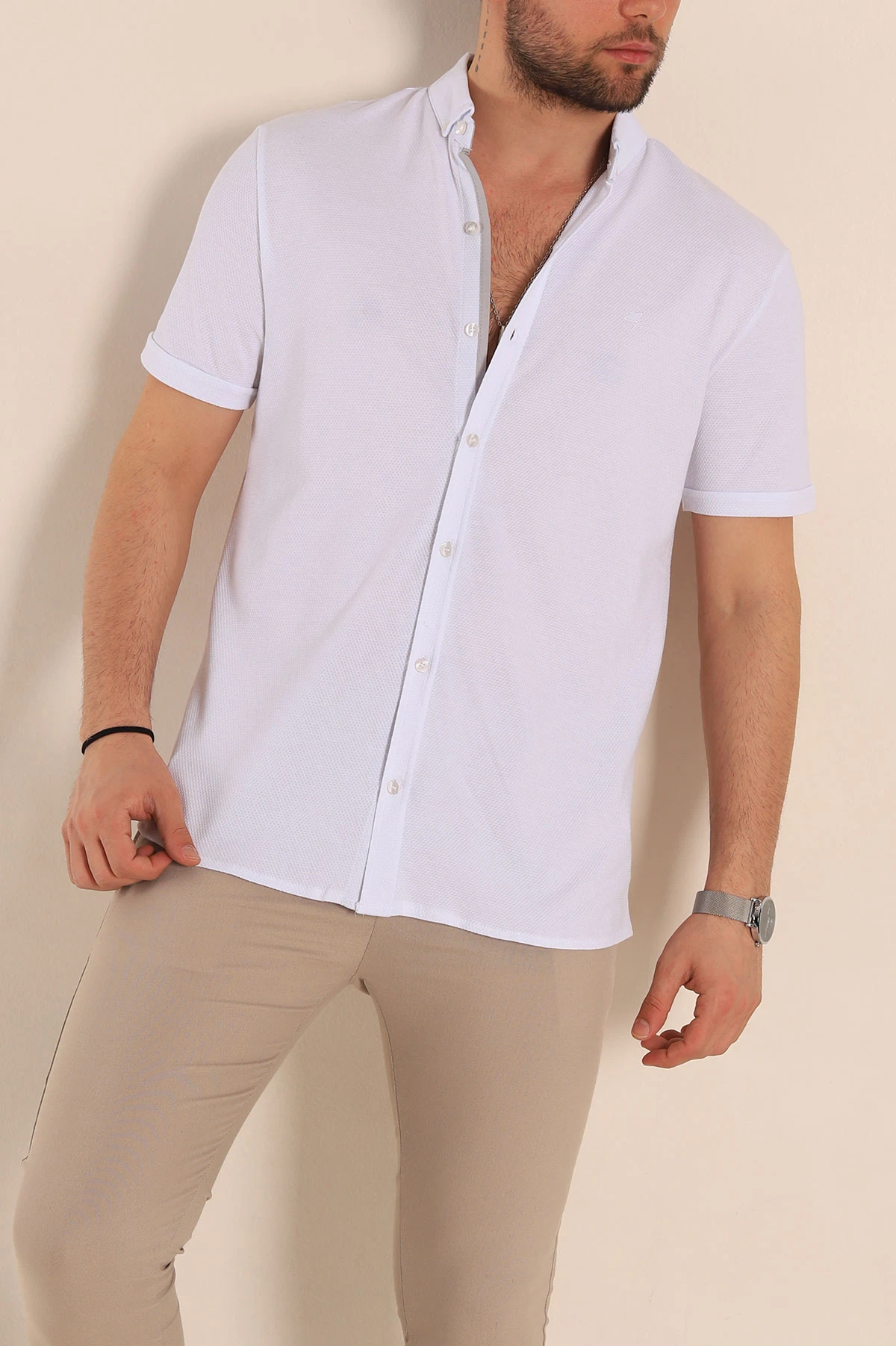 Beyaz Regular Fit Petek Dokulu Kısa Kollu Erkek Gömlek 263717