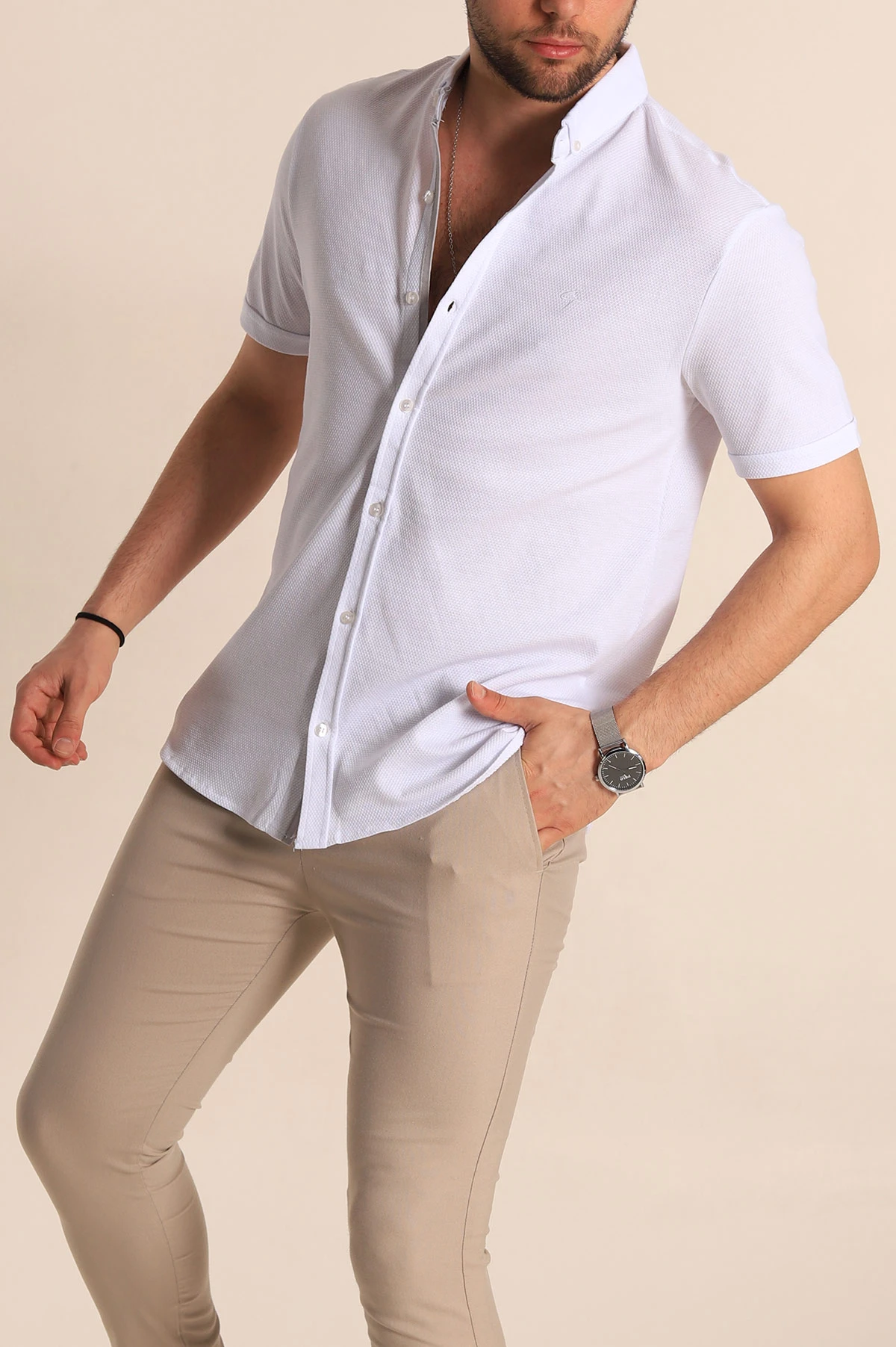 Beyaz Regular Fit Petek Dokulu Kısa Kollu Erkek Gömlek 263717