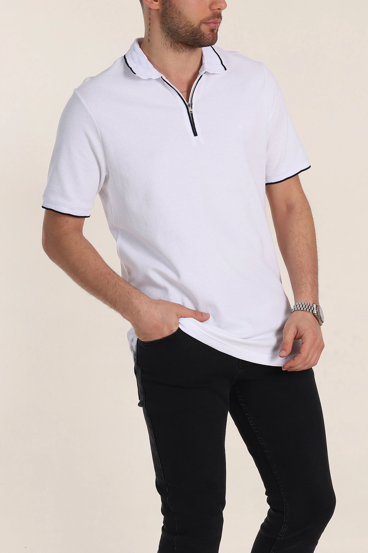 Beyaz Regular Fit Petek Dokulu Polo Yaka Erkek Tişört 349900