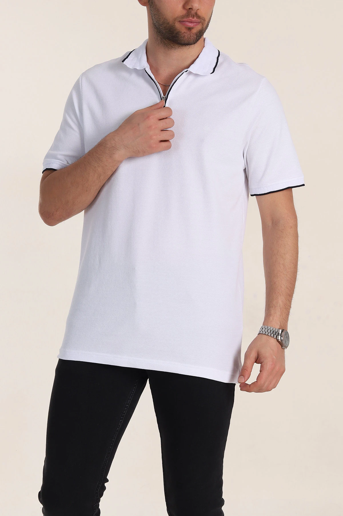 Beyaz Regular Fit Petek Dokulu Polo Yaka Erkek Tişört 349900
