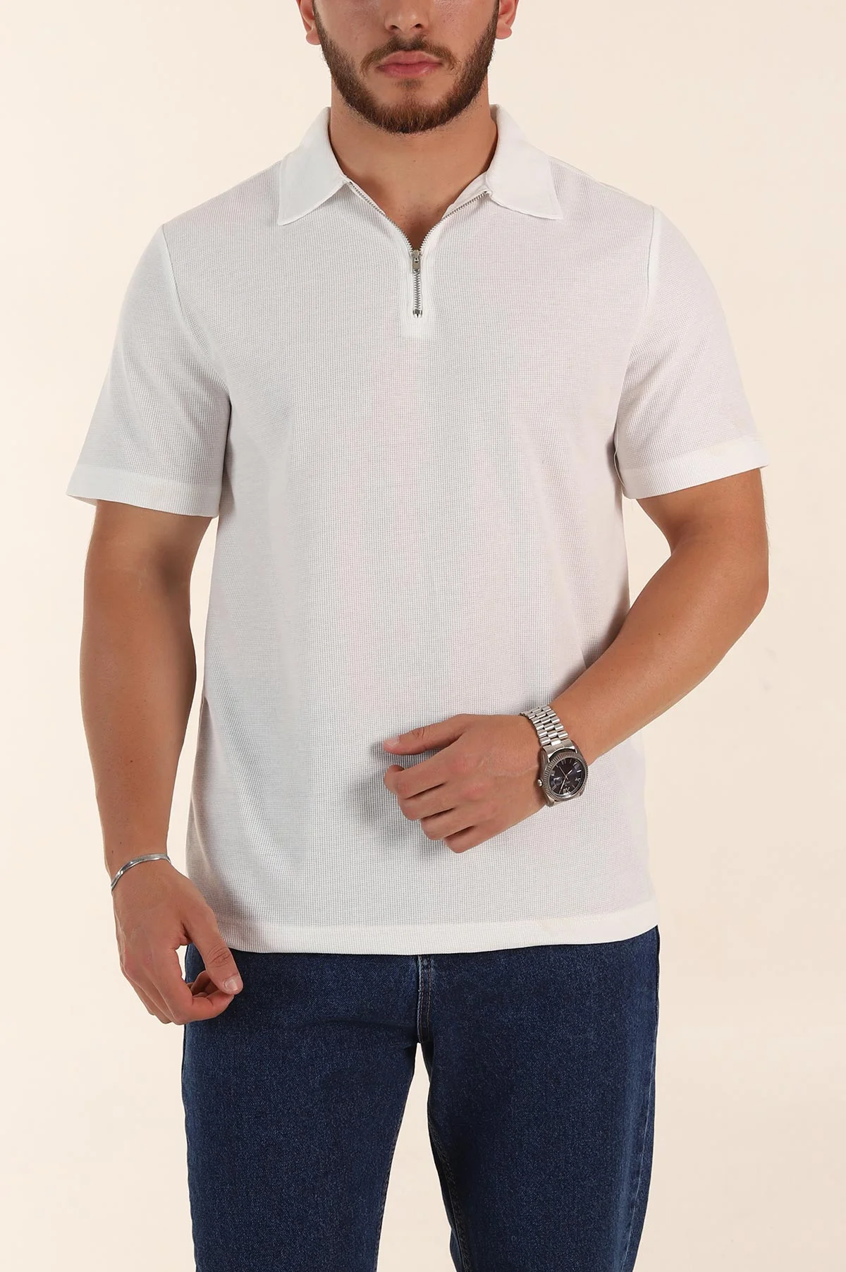 Beyaz Regular Fit Pike Dokulu Fermuarlı Polo Yaka Erkek Tişört 368531