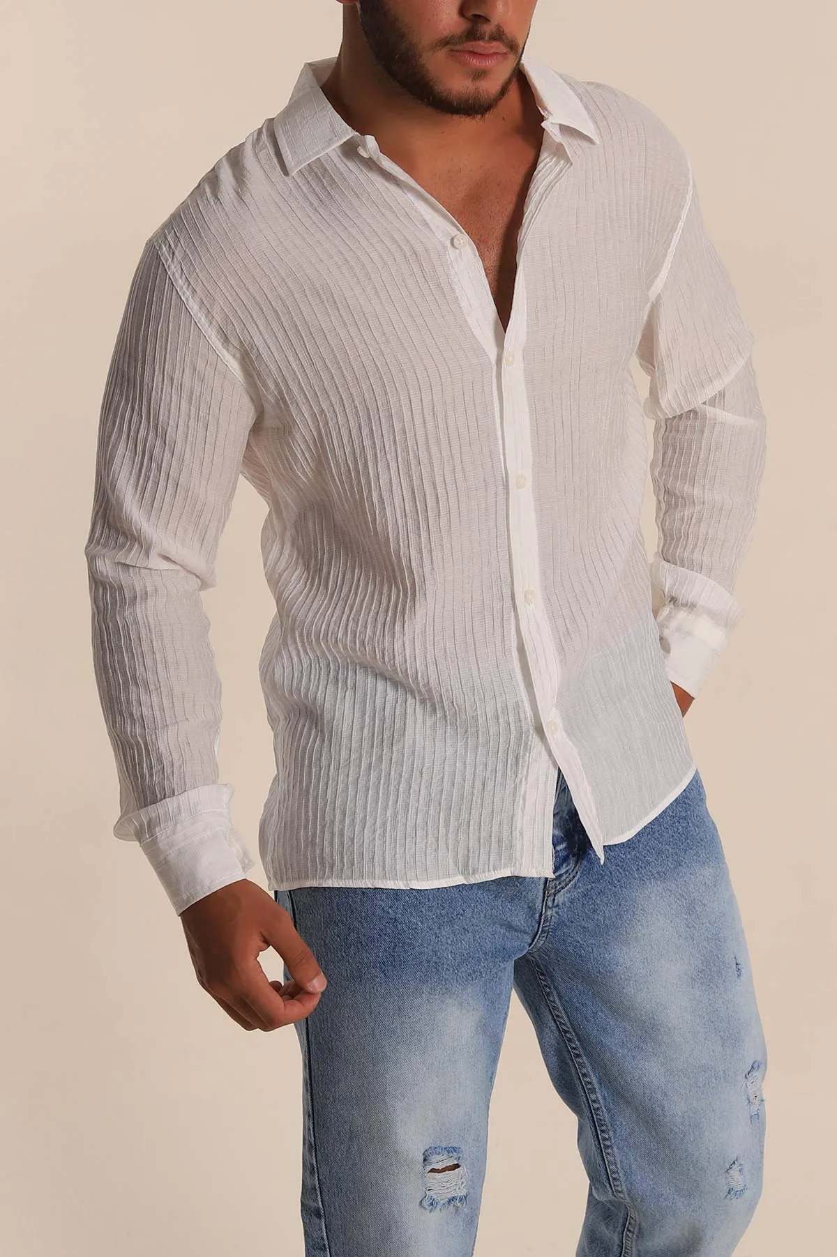 Beyaz Regular Fit Plise Dokulu Erkek Gömlek 283876