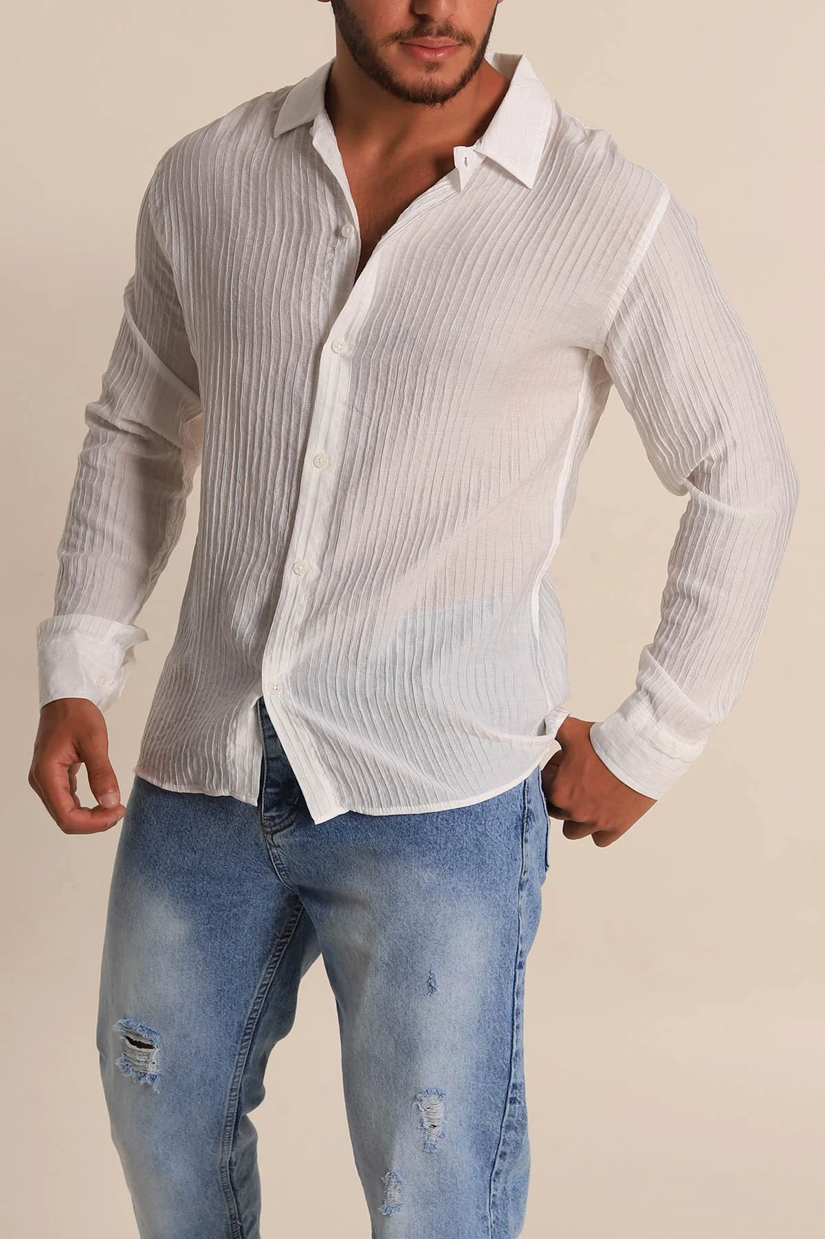 Beyaz Regular Fit Plise Dokulu Erkek Gömlek 283876