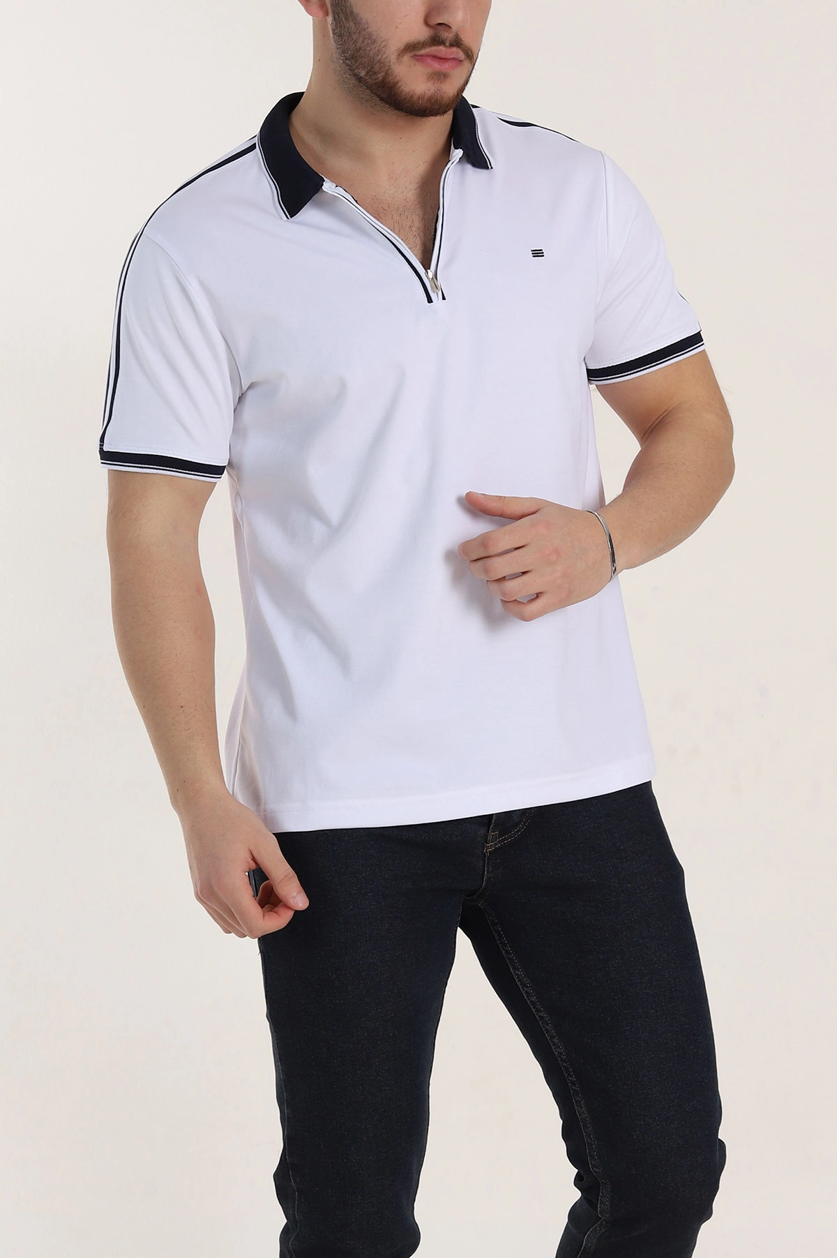 Beyaz Regular Fit Şerit Detaylı Polo Yaka Erkek Tişört 338449