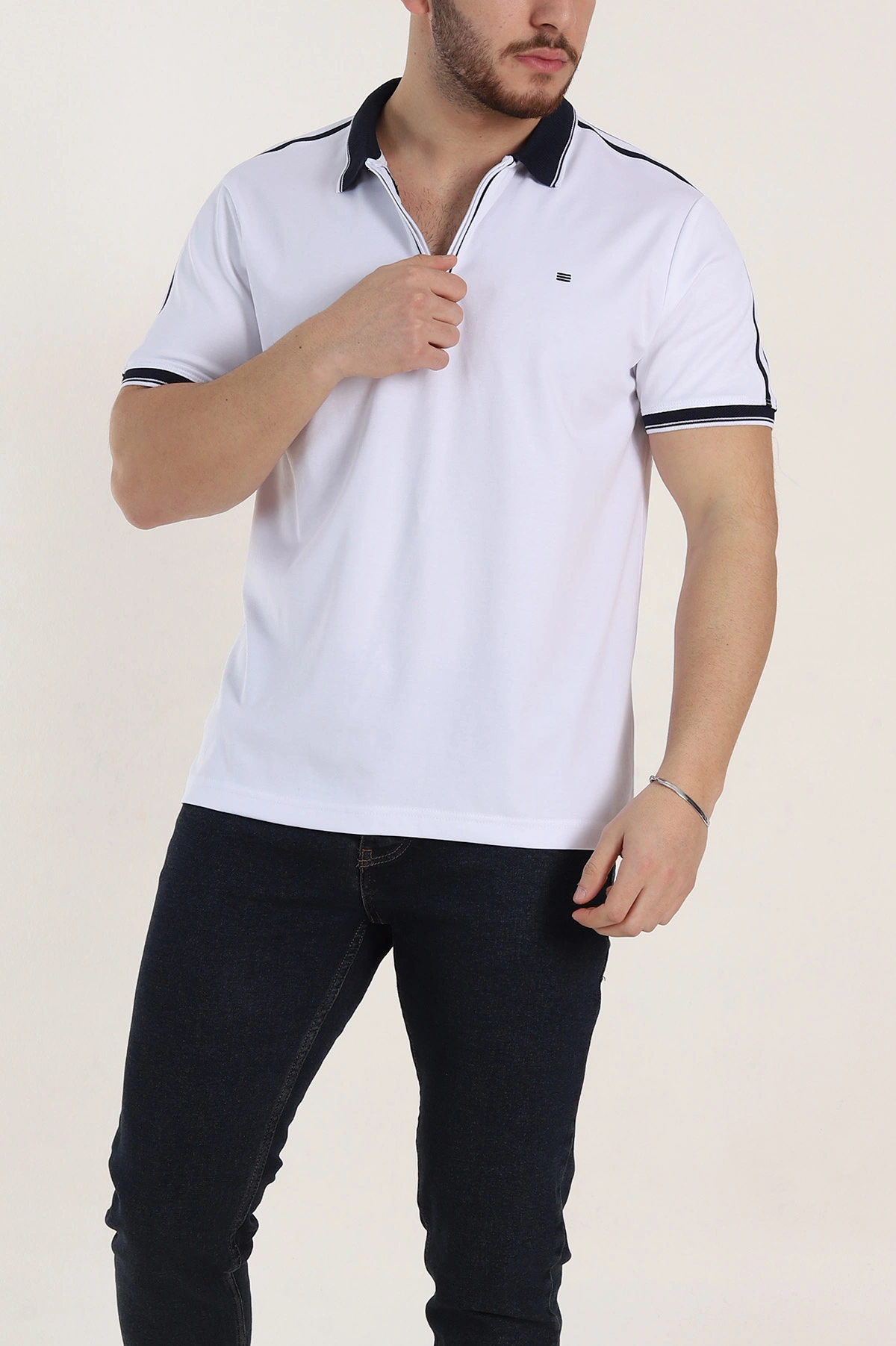 Beyaz Regular Fit Şerit Detaylı Polo Yaka Erkek Tişört 338449