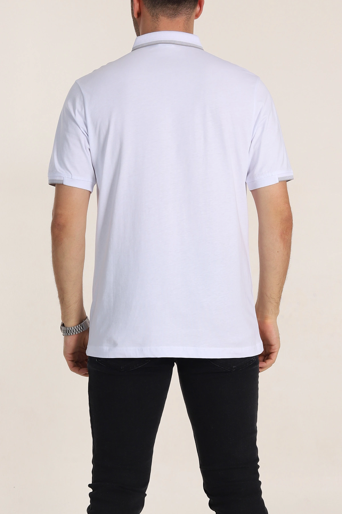 Beyaz Regular Fit Süprem Kumaş Kol Detaylı Polo Yaka Erkek Tişört 349940