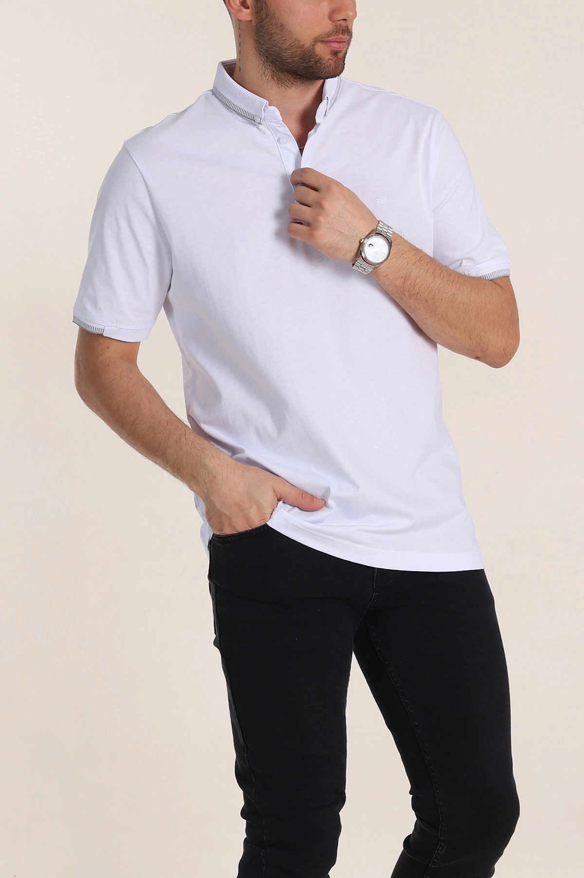 Beyaz Regular Fit Süprem Kumaş Kol Detaylı Polo Yaka Erkek Tişört 349940