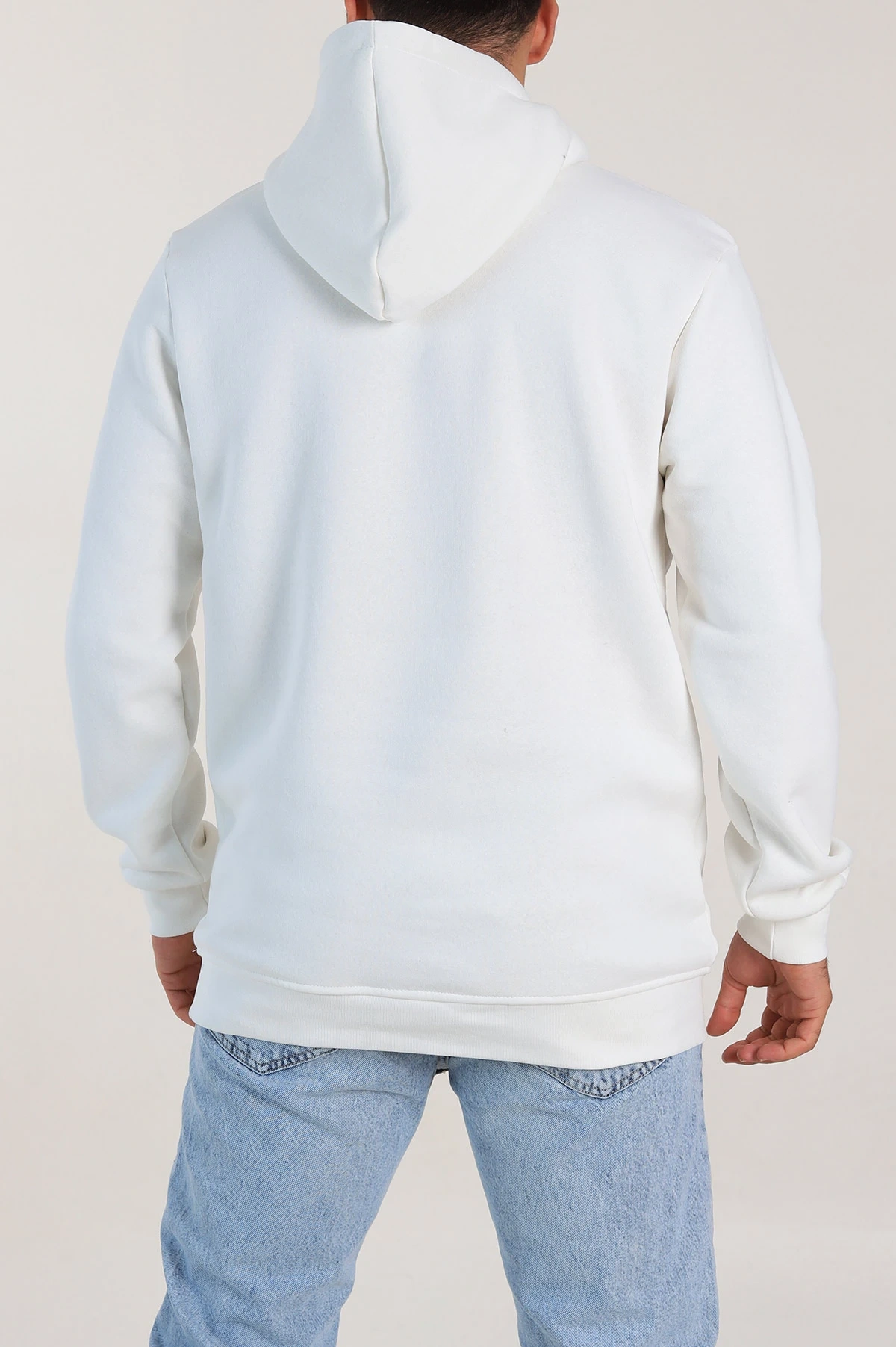 Beyaz Regular Fit Üç İp Şardonlu Erkek Kapüşonlu Basic Sweatshirt 400535
