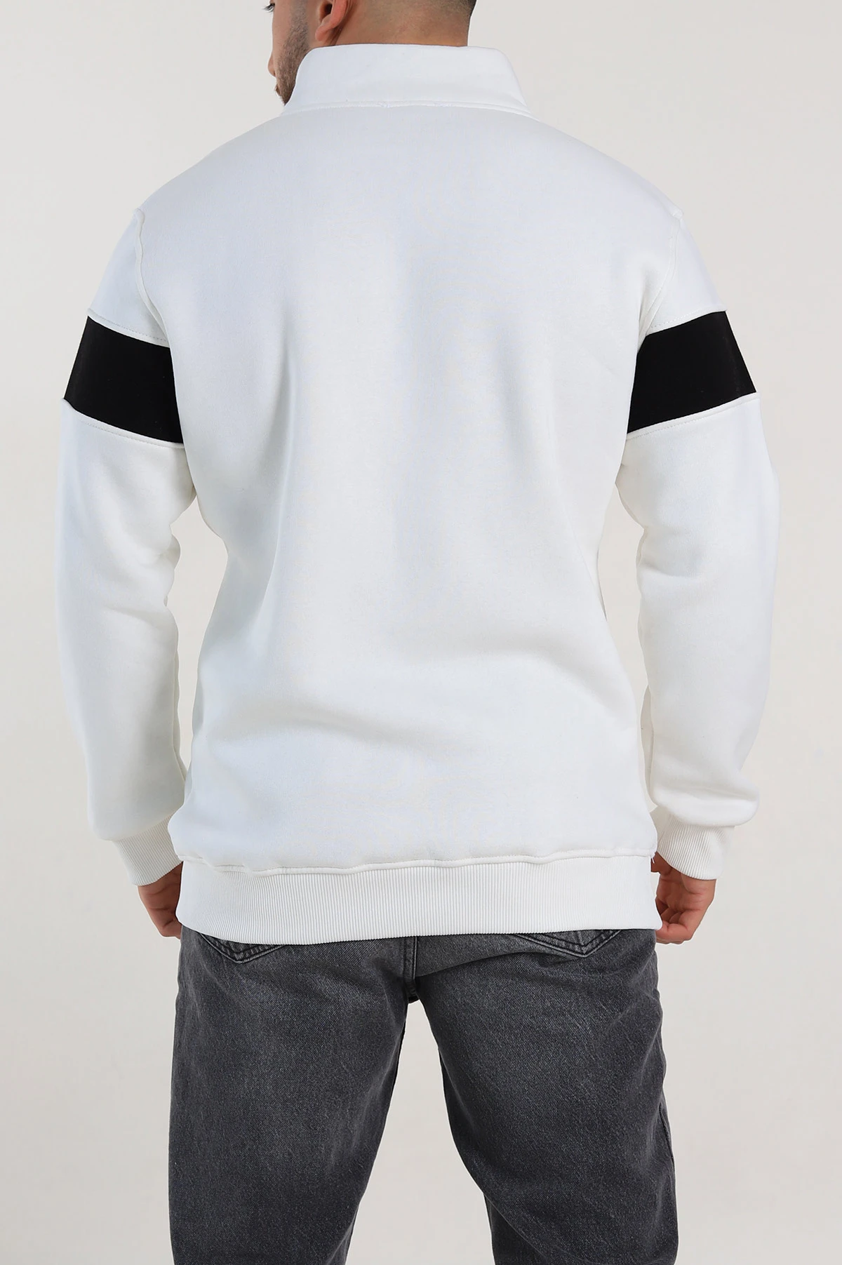 Beyaz Regular Fit Üç İp Şardonlu Yazı Detay Yarım Fermuarlı Erkek Sweatshirt 308897