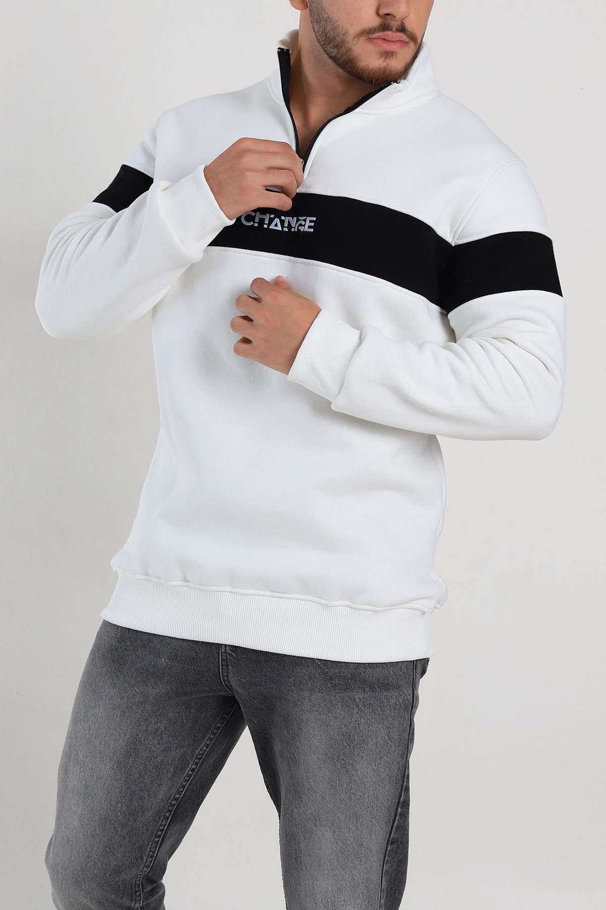 Beyaz Regular Fit Üç İp Şardonlu Yazı Detay Yarım Fermuarlı Erkek Sweatshirt 308897