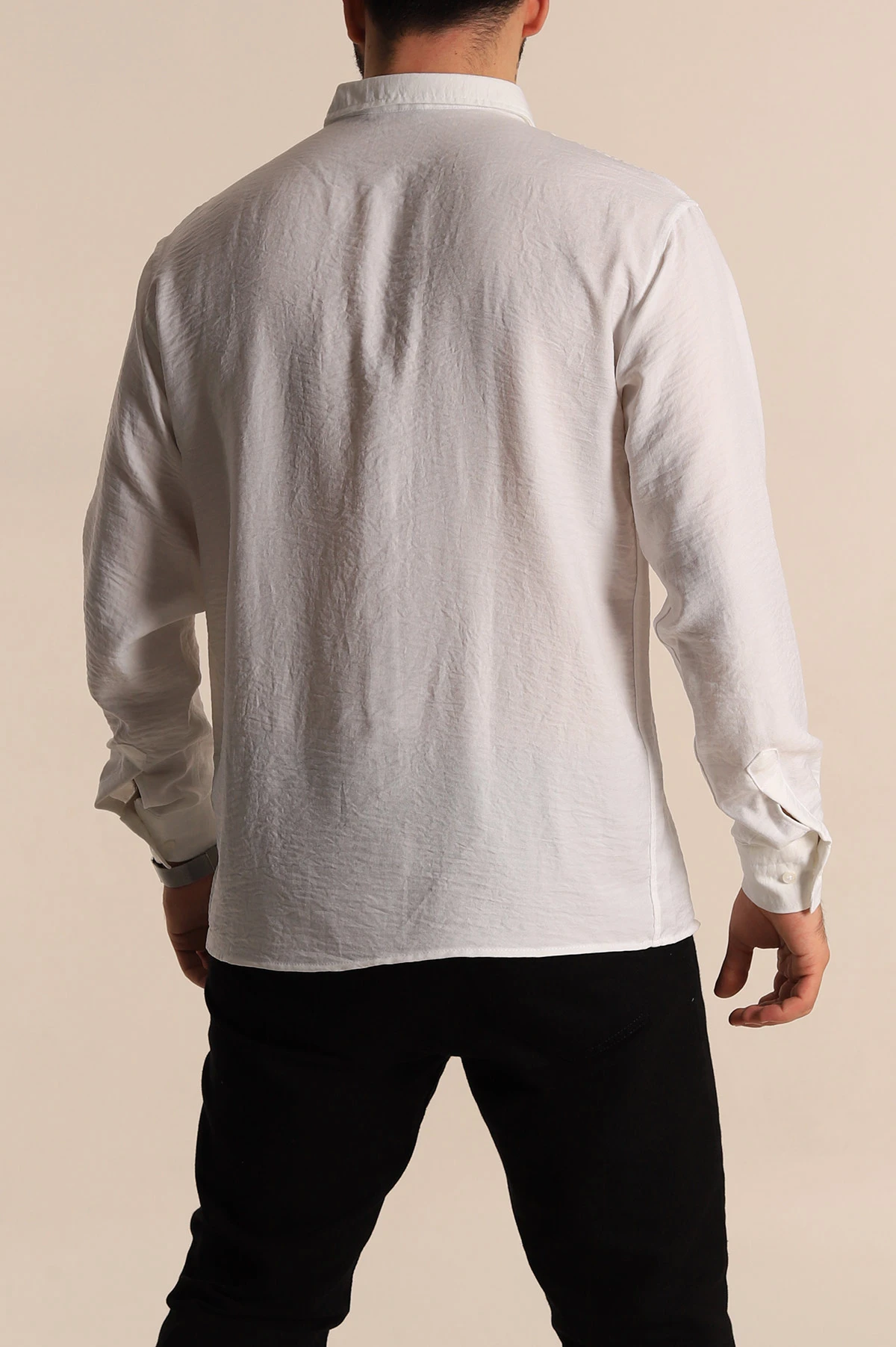 Beyaz Regular Fit Uzun Kollu Keten Erkek Gömlek 275555