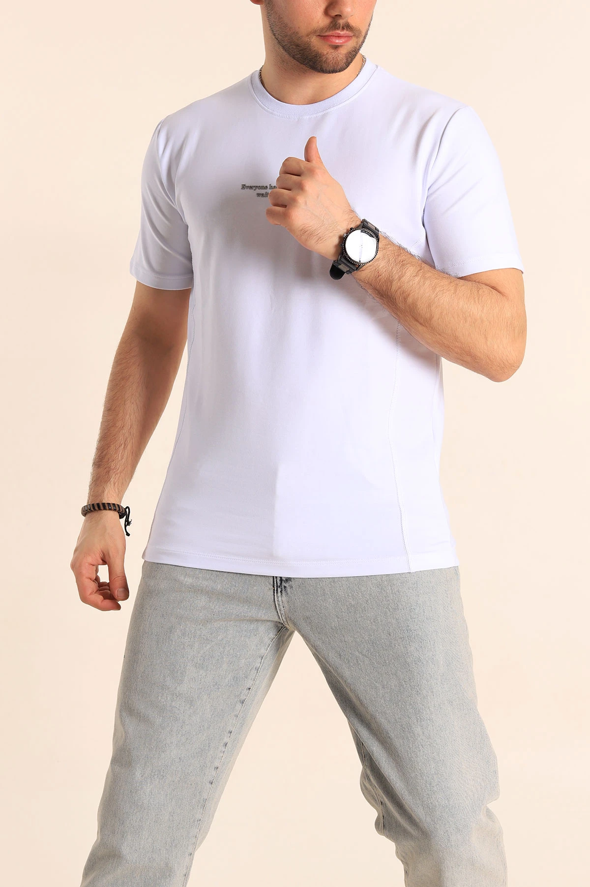 Beyaz Regular Fit Yazı Detay Erkek Tişört 252182