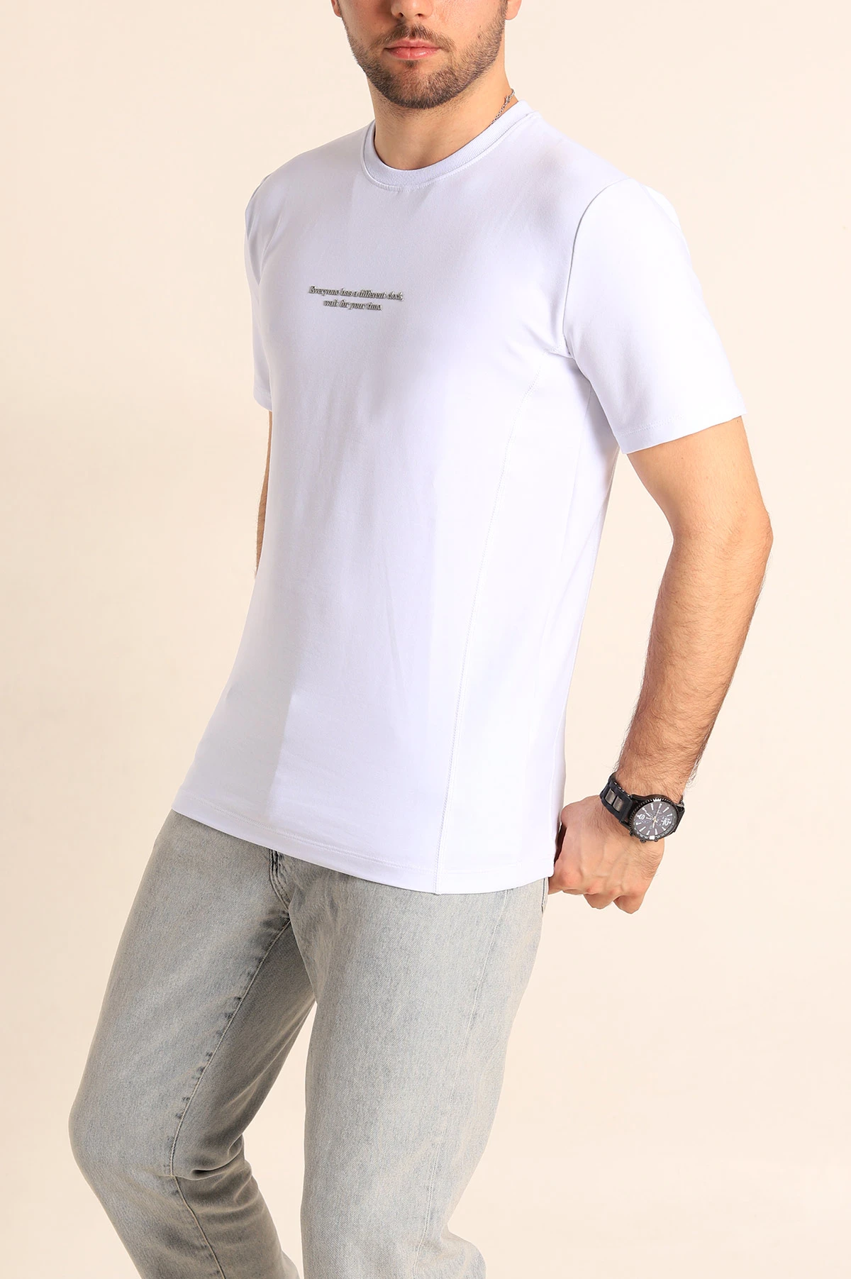 Beyaz Regular Fit Yazı Detay Erkek Tişört 252182