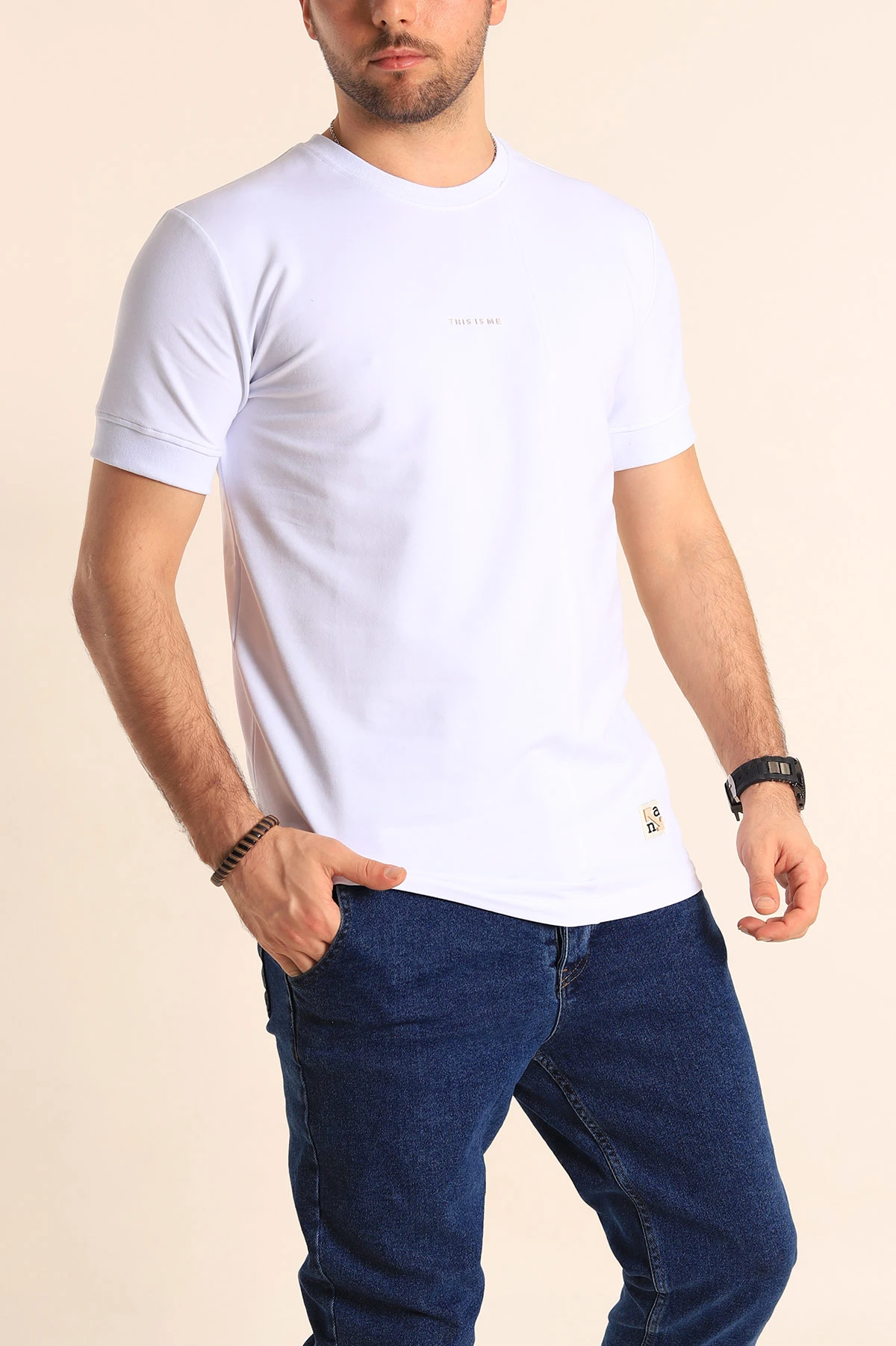 Beyaz Regular Fit Yazı Detay Erkek Tişört 252190