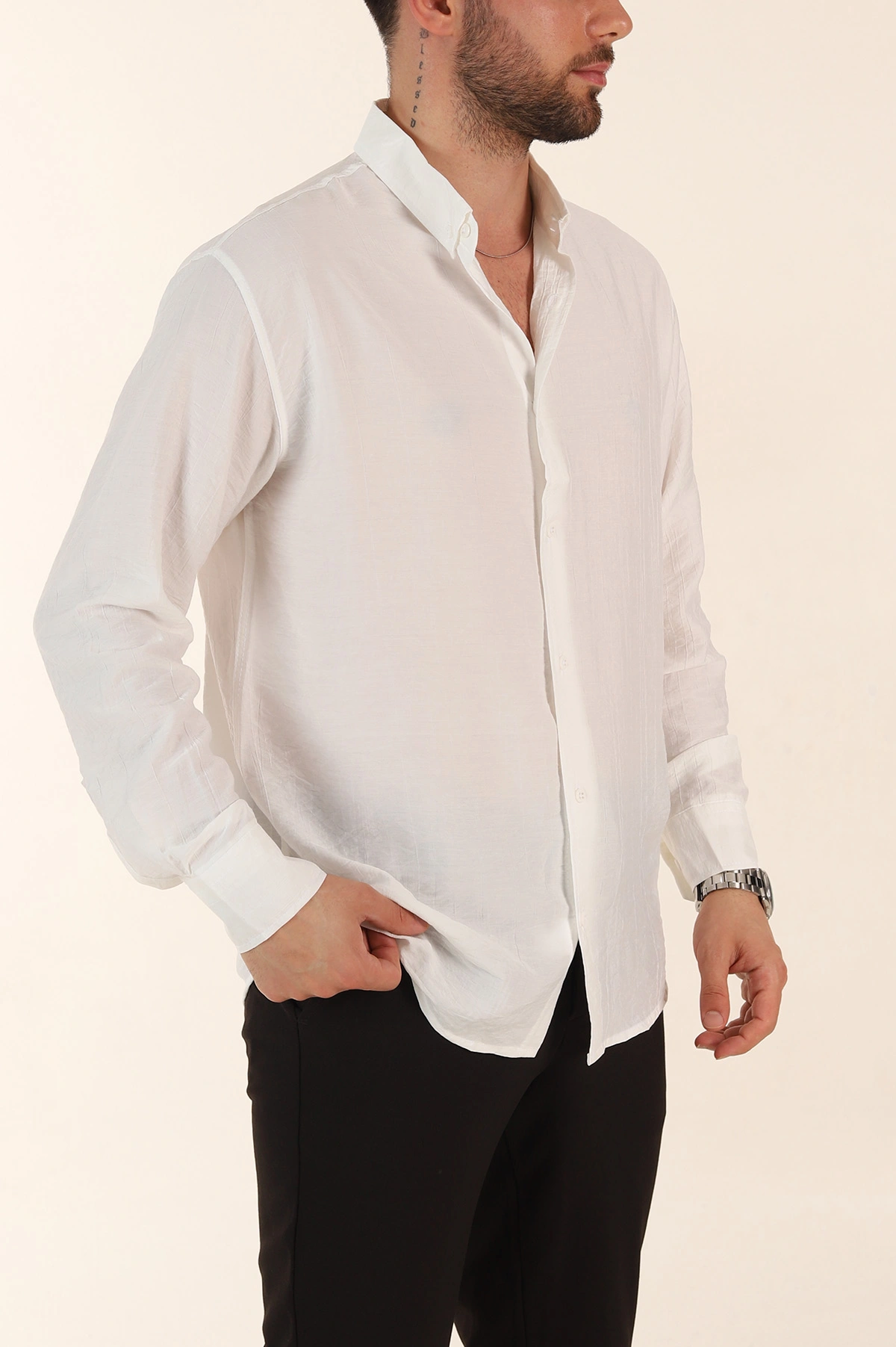 Beyaz Relaxed Fit Ata Yaka Uzun Kollu Erkek Gömlek 369598