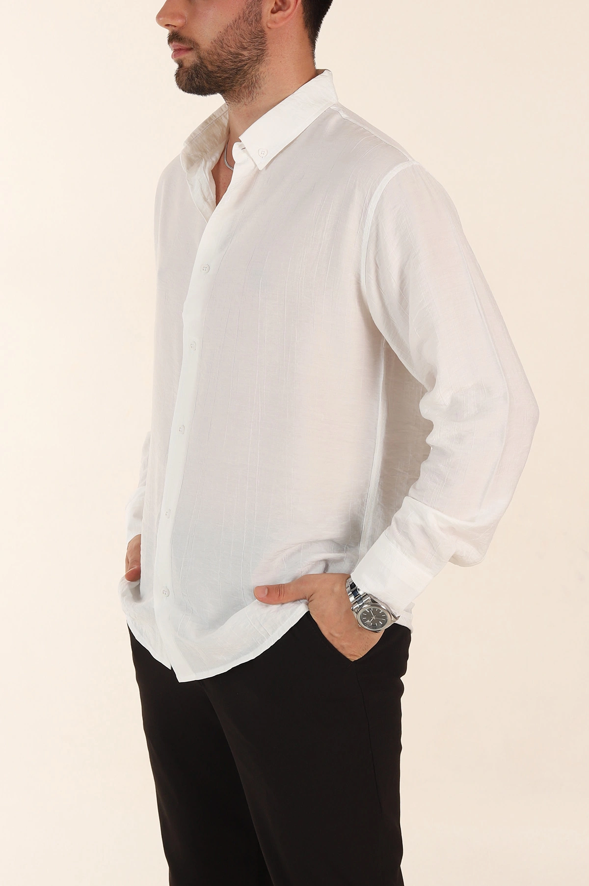 Beyaz Relaxed Fit Ata Yaka Uzun Kollu Erkek Gömlek 369598