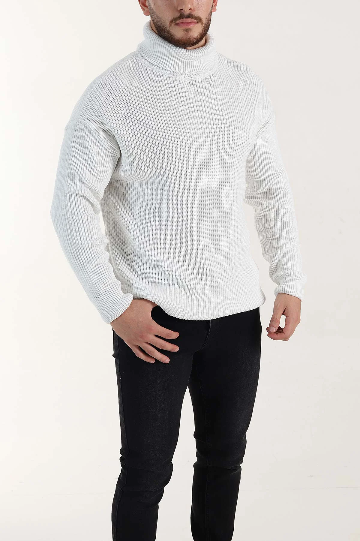 Beyaz Relaxed Fit Balıkçı Yaka Erkek Triko Kazak 397758