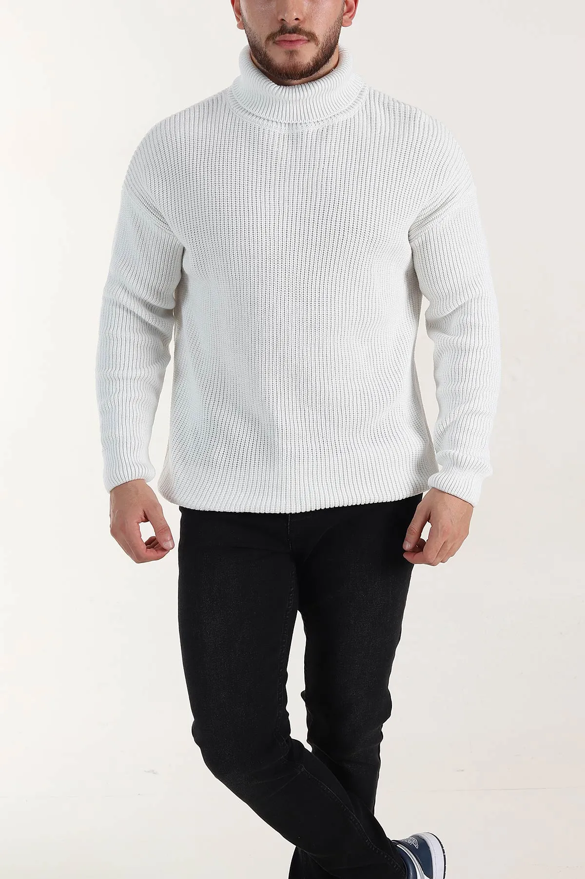 Beyaz Relaxed Fit Balıkçı Yaka Erkek Triko Kazak 397758