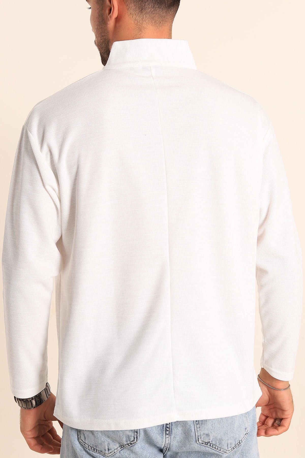 Beyaz Relaxed Fit Balıkçı Yaka Fermuarlı Erkek Sweat 201320