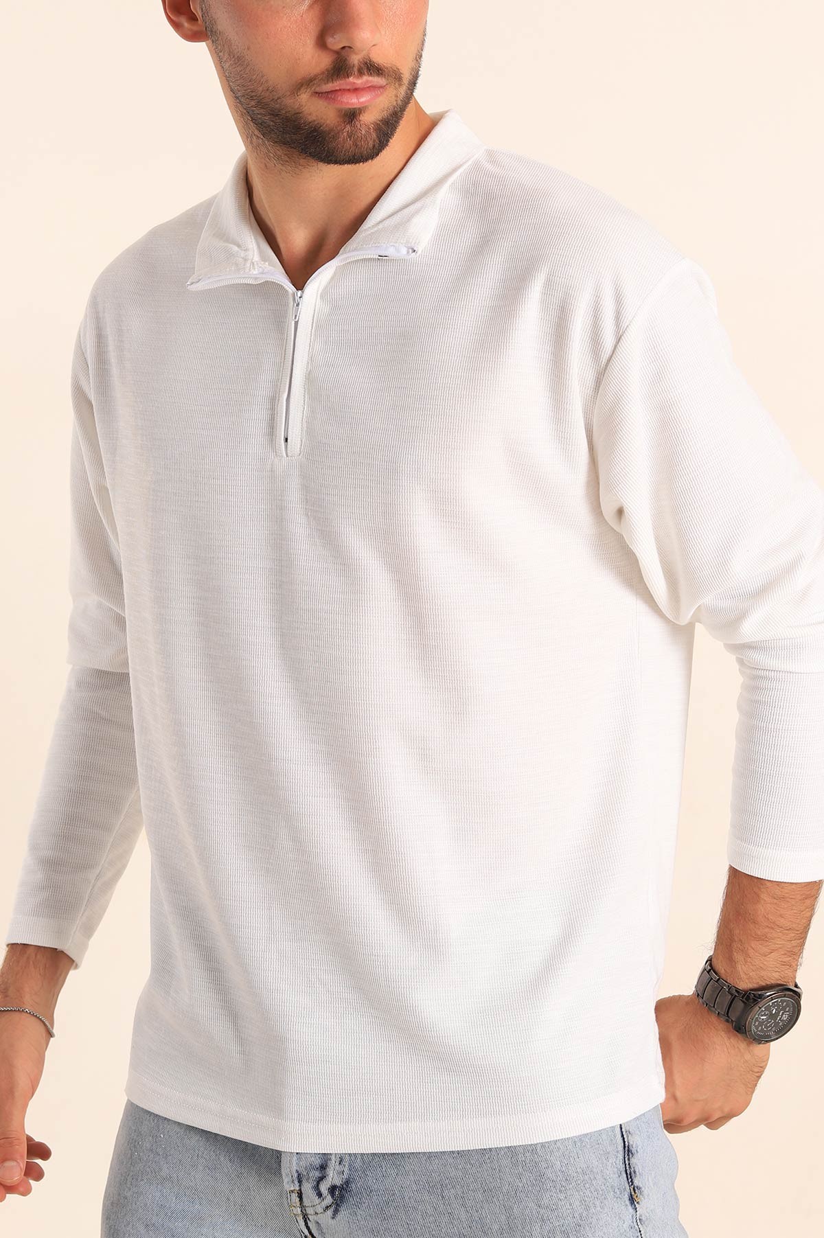Beyaz Relaxed Fit Balıkçı Yaka Fermuarlı Erkek Sweat 201320