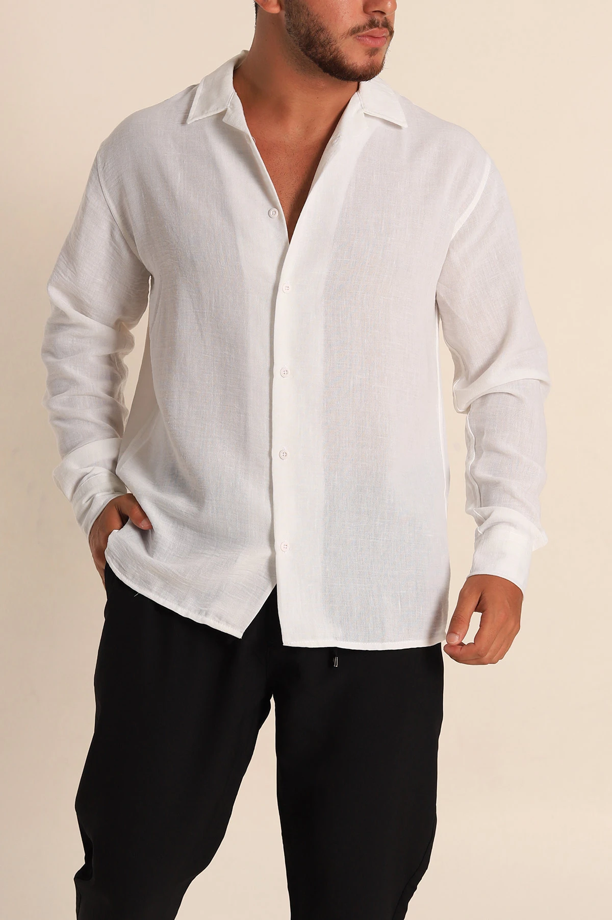 Beyaz Relaxed Fit Bambu Keten Apaş Yaka Erkek Gömlek 285494