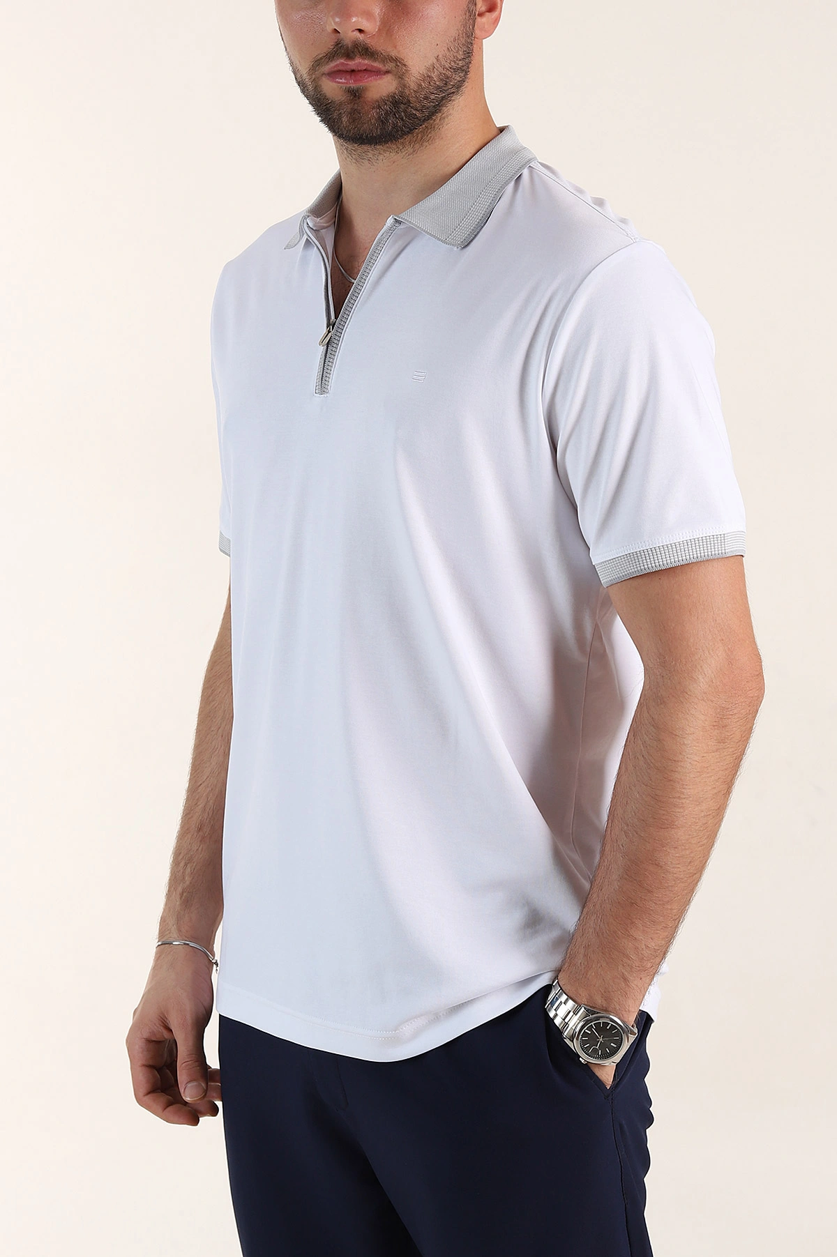 Beyaz Relaxed Fit Basic Fermuarlı Polo Yaka Erkek Tişört 359135