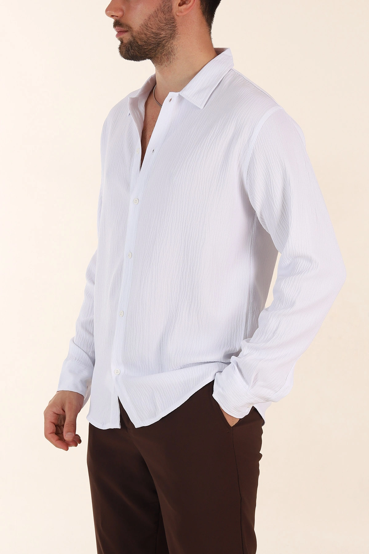 Beyaz Relaxed Fit Bürümcük Dokulu Uzun Kollu Erkek Gömlek 369324