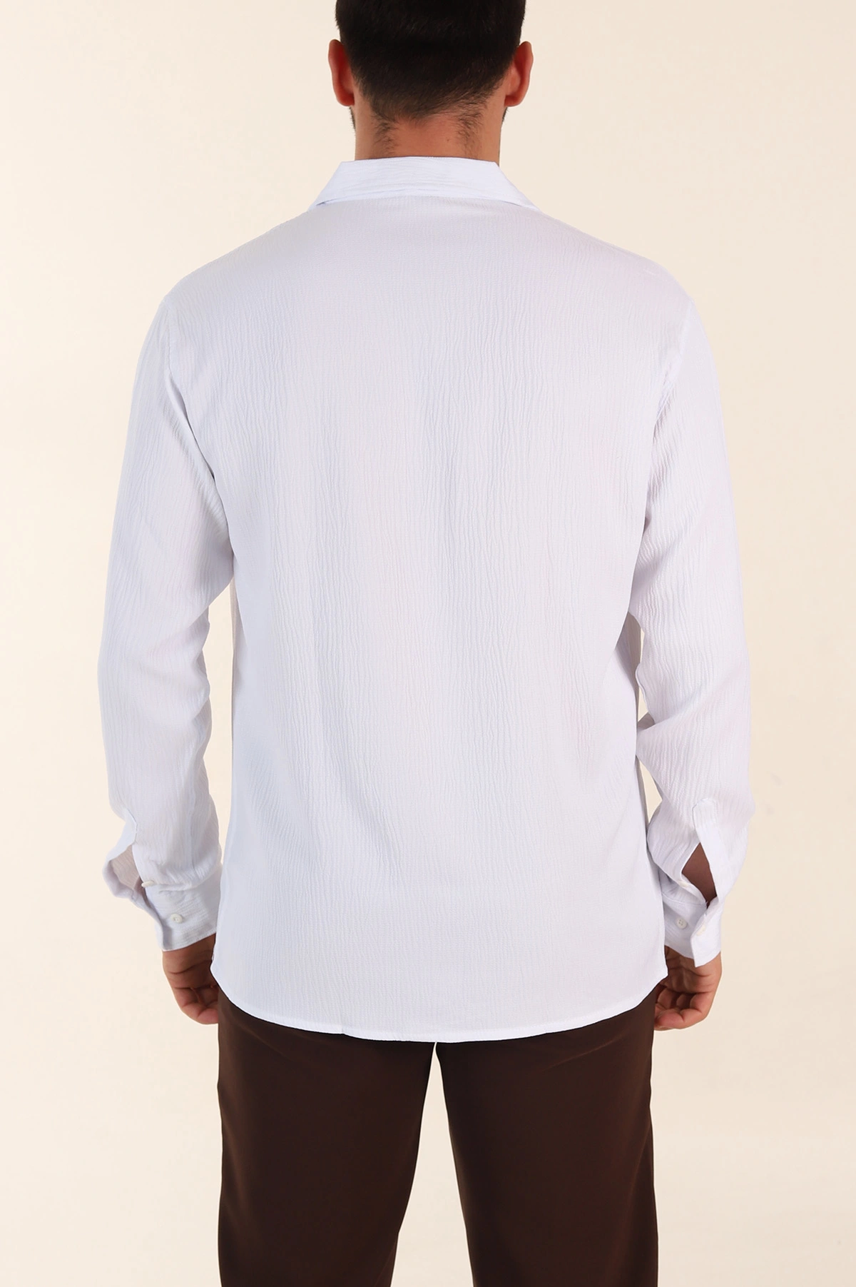 Beyaz Relaxed Fit Bürümcük Dokulu Uzun Kollu Erkek Gömlek 369324