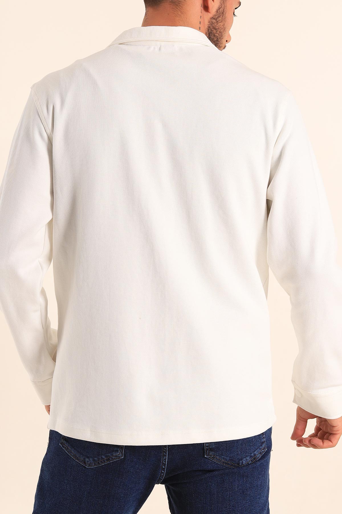 Beyaz Relaxed Fit Çift Cepli Çıt Çıt Düğmeli Uzun Kollu Erkek Gömlek 201337