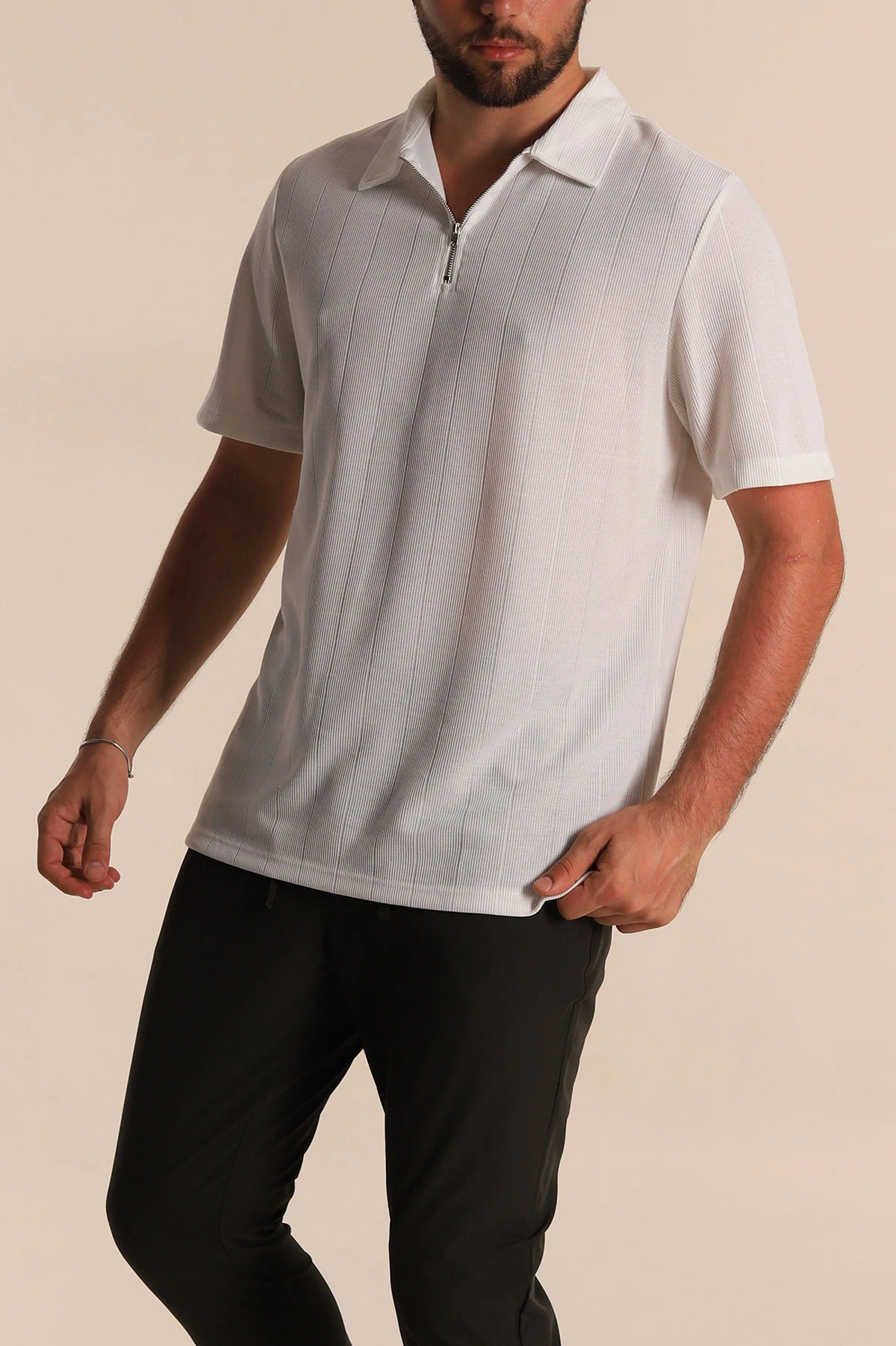 Beyaz Relaxed Fit Çizgi Dokulu Fermuarlı Polo Yaka Erkek Tişört 278931