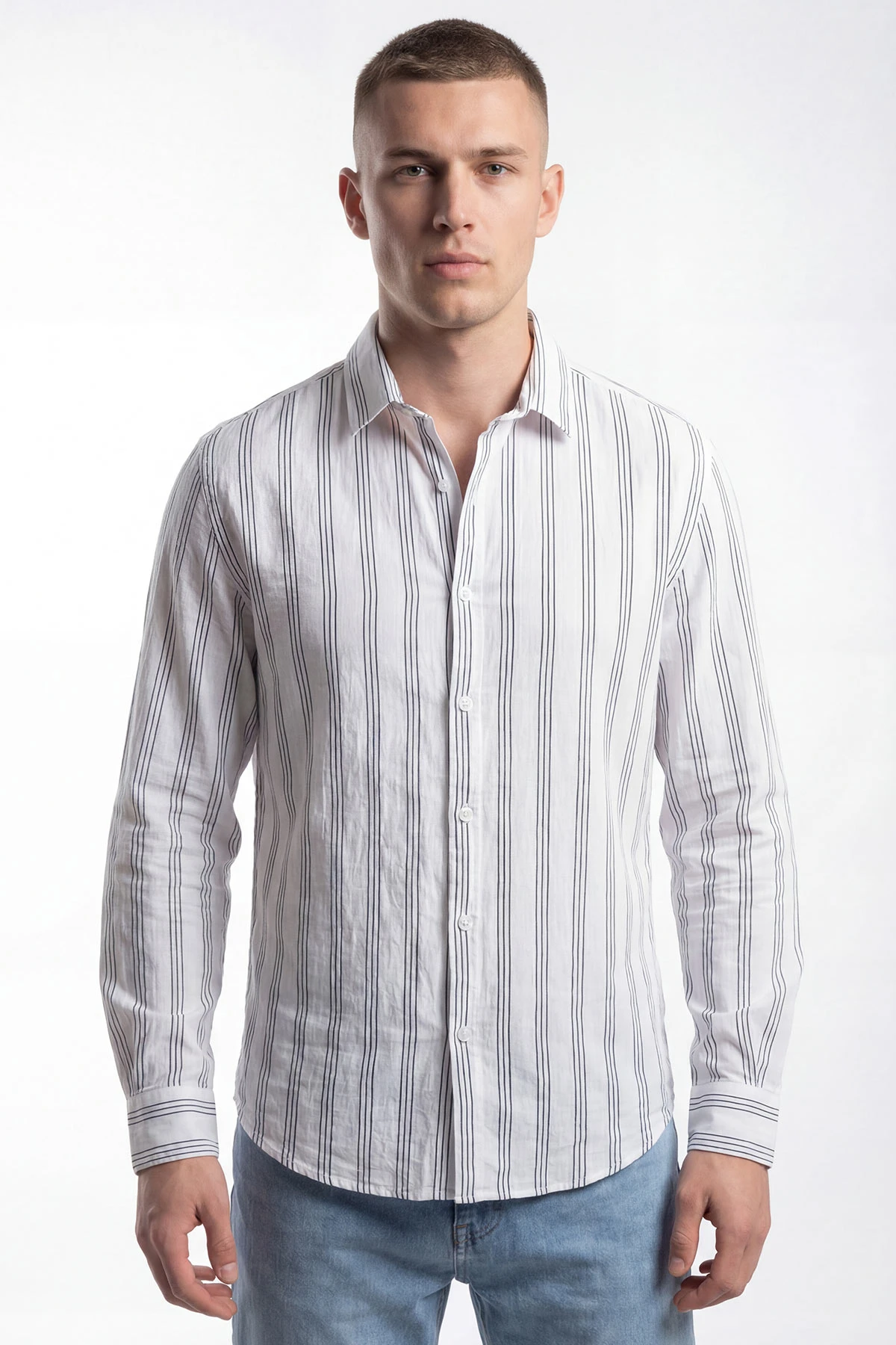Beyaz Relaxed Fit Çizgili Erkek Gömlek 435786