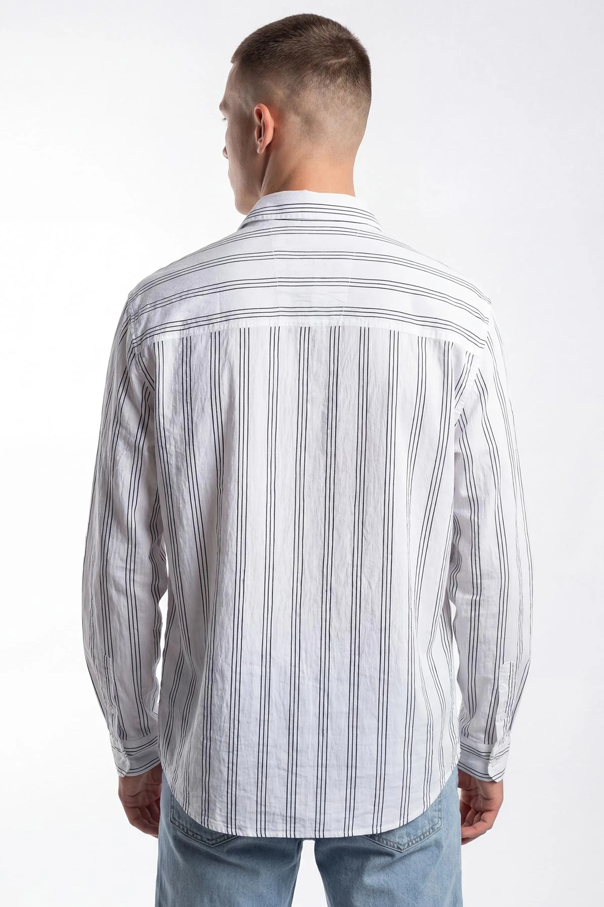 Beyaz Relaxed Fit Çizgili Erkek Gömlek 435786