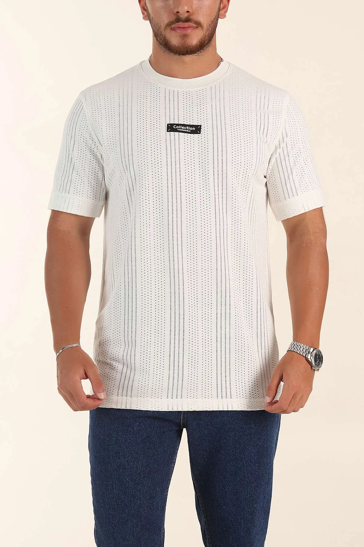 Beyaz Relaxed Fit Delikli Tasarım Yazı Detay Erkek Tişört 373076