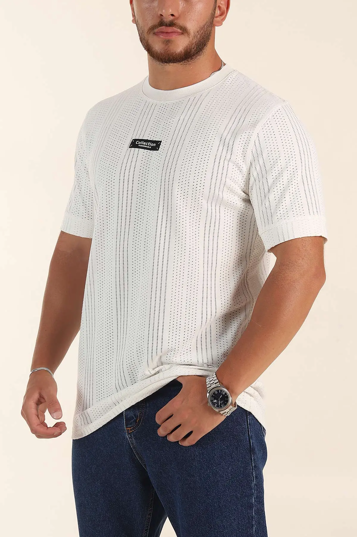 Beyaz Relaxed Fit Delikli Tasarım Yazı Detay Erkek Tişört 373076