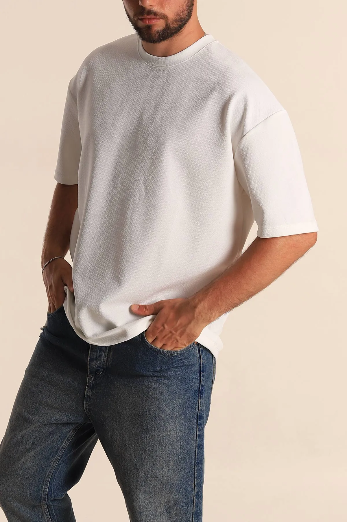 Beyaz Relaxed Fit Dokulu Basic Erkek Tişört 278887