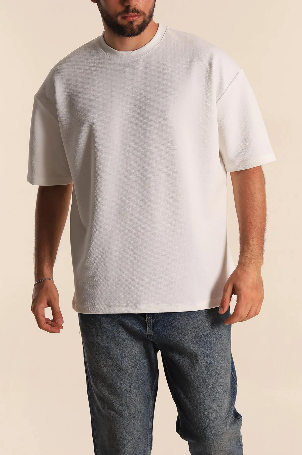 Beyaz Relaxed Fit Dokulu Basic Erkek Tişört 278887
