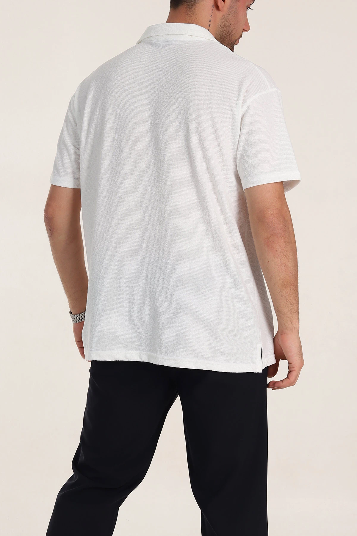 Beyaz Relaxed Fit Dokulu Basic Polo Yaka Erkek Tişört 351997