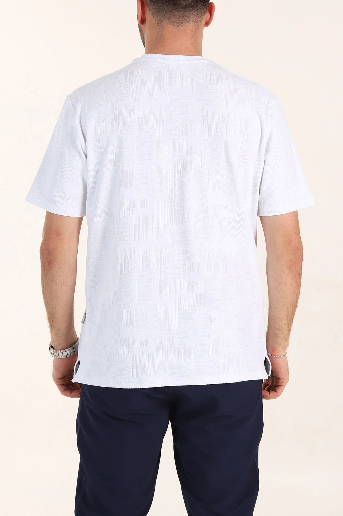 Beyaz Relaxed Fit Dokulu Erkek Tişört 358017