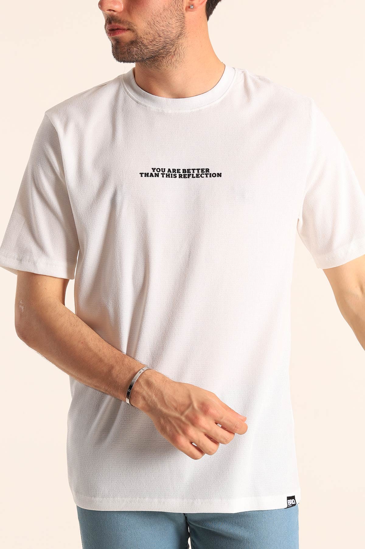 Beyaz Relaxed Fit Dokulu Slogan Baskılı Erkek Tişört 186775
