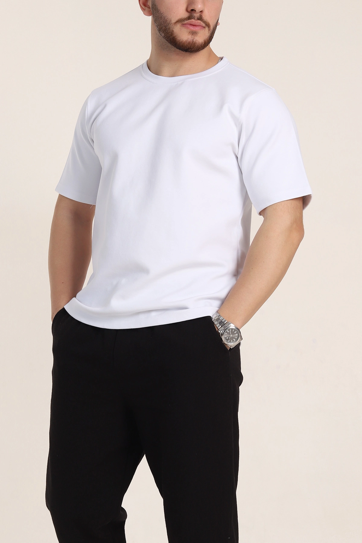 Beyaz Relaxed Fit Double Face Basic Erkek Tişört 348943