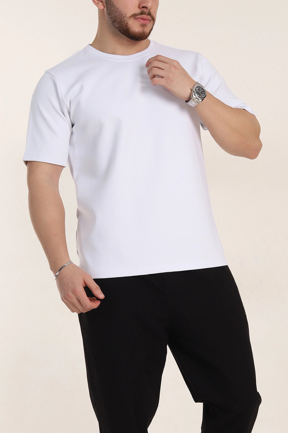 Beyaz Relaxed Fit Double Face Basic Erkek Tişört 348943