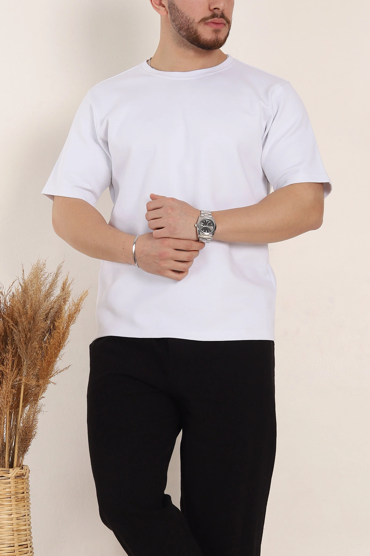 Beyaz Relaxed Fit Double Face Basic Erkek Tişört 348943